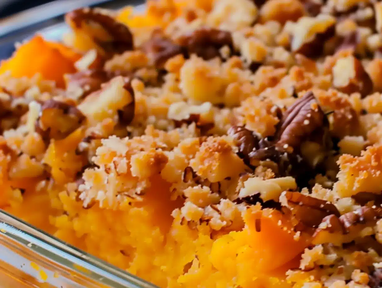 Close-up of delicious Ruth's Chris Sweet Potato Casserole topped with crunchy pecans in a glass baking dish