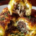 Golden-baked Garlic Parmesan Cheeseburger Bombs melting with gooey cheese and fresh parsley garnish on white plate