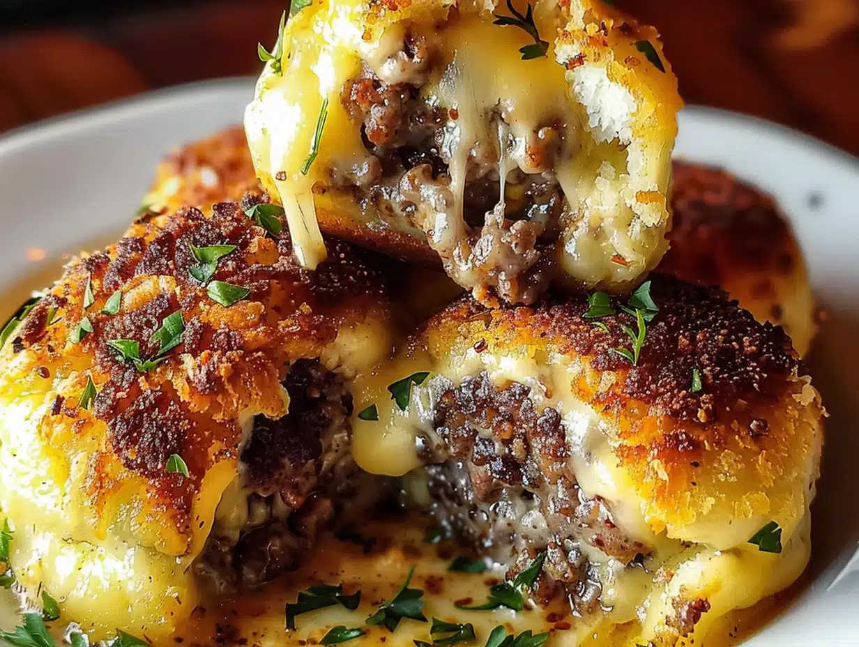 Golden-baked Garlic Parmesan Cheeseburger Bombs melting with gooey cheese and fresh parsley garnish on white plate