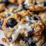 Close-up of delicious blueberry muffin cookies topped with cinnamon streusel and drizzled glaze, showcasing fresh blueberries