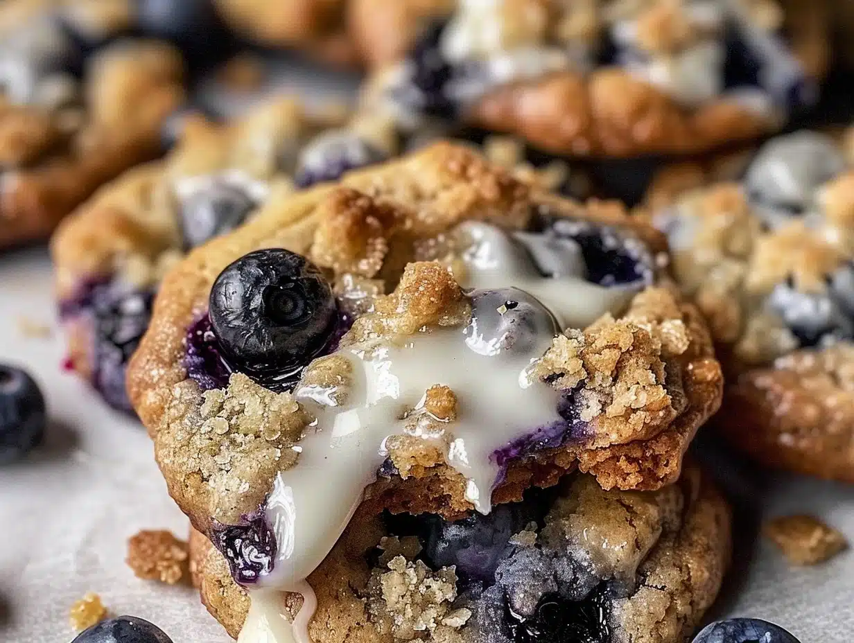 Close-up of delicious blueberry muffin cookies topped with cinnamon streusel and drizzled glaze, showcasing fresh blueberries