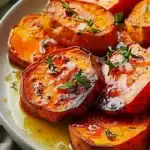 Close-up of roasted sweet potato slices drizzled with olive oil and garnished with fresh herbs and sea salt on a white plate