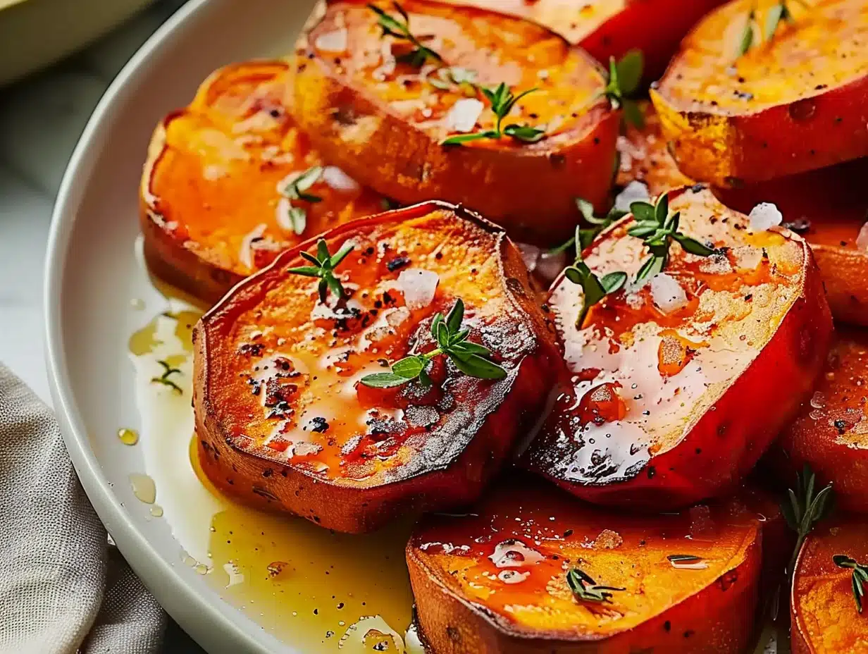 Close-up of roasted sweet potato slices drizzled with olive oil and garnished with fresh herbs and sea salt on a white plate