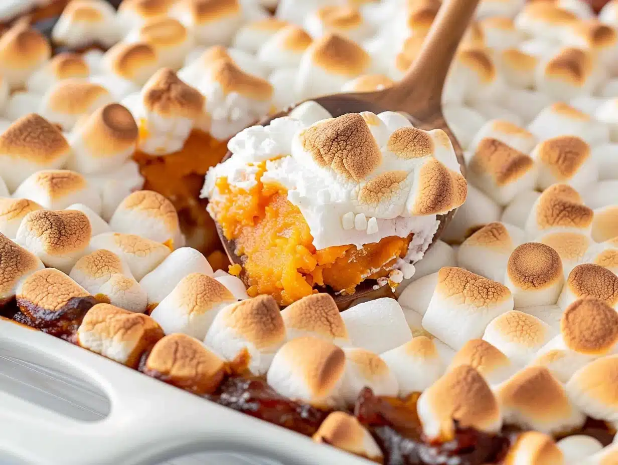 Close-up of sweet potato casserole topped with perfectly toasted mini marshmallows and pecans